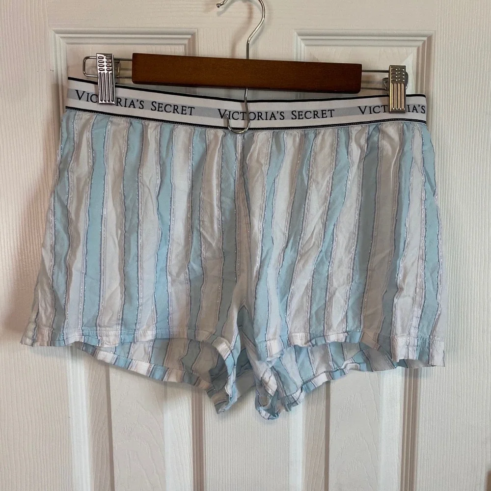 Victoria's Secret Pajama Shorts Small Blue White Striped Silver Lurex Logo Waist